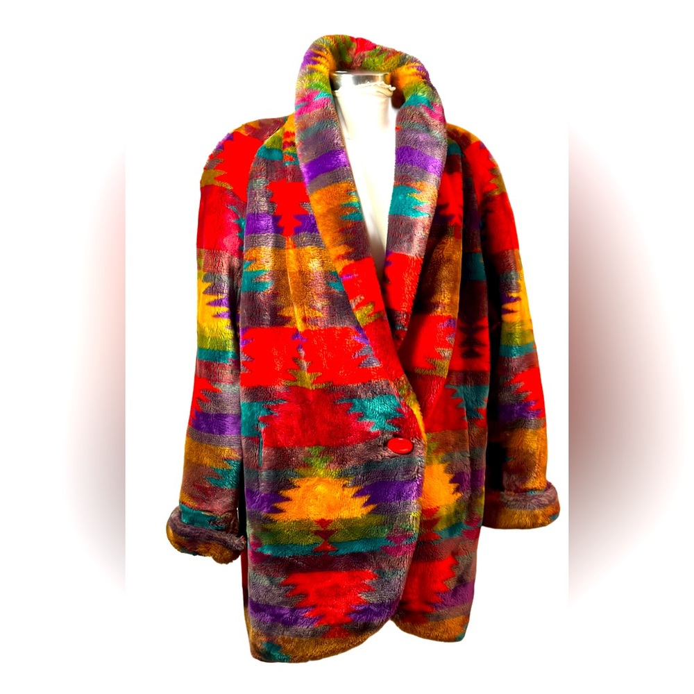 Vintage 80s Regal Plush Colorful Southwest Aztec Faux Fur Oversized Coat, Large
